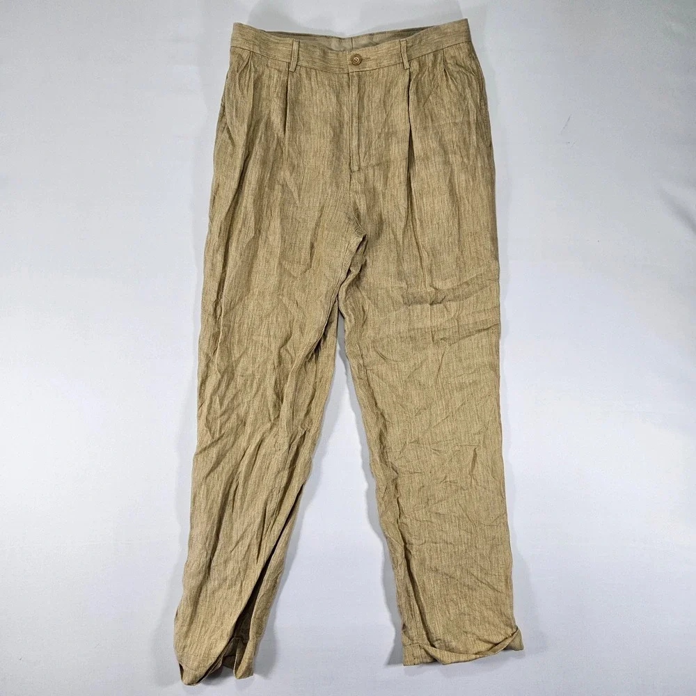 Nautica Rigger Pants Trousers Pleated Cuffed Beige 100% Linen Size 36x34 Classic